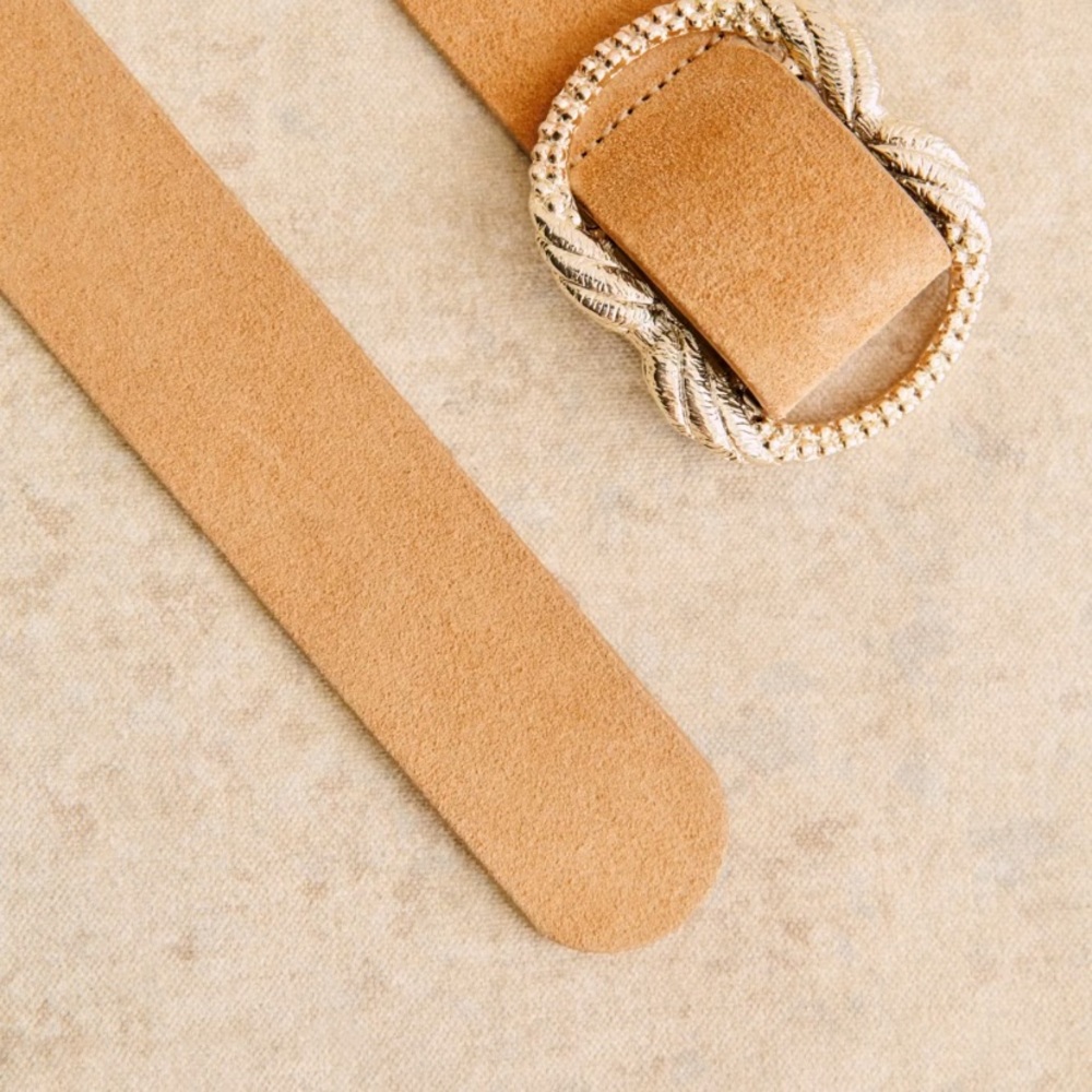Sezane Artemis Tan Suede Women's Belt with Gold Decorative Buckle - Picture 3 of 12